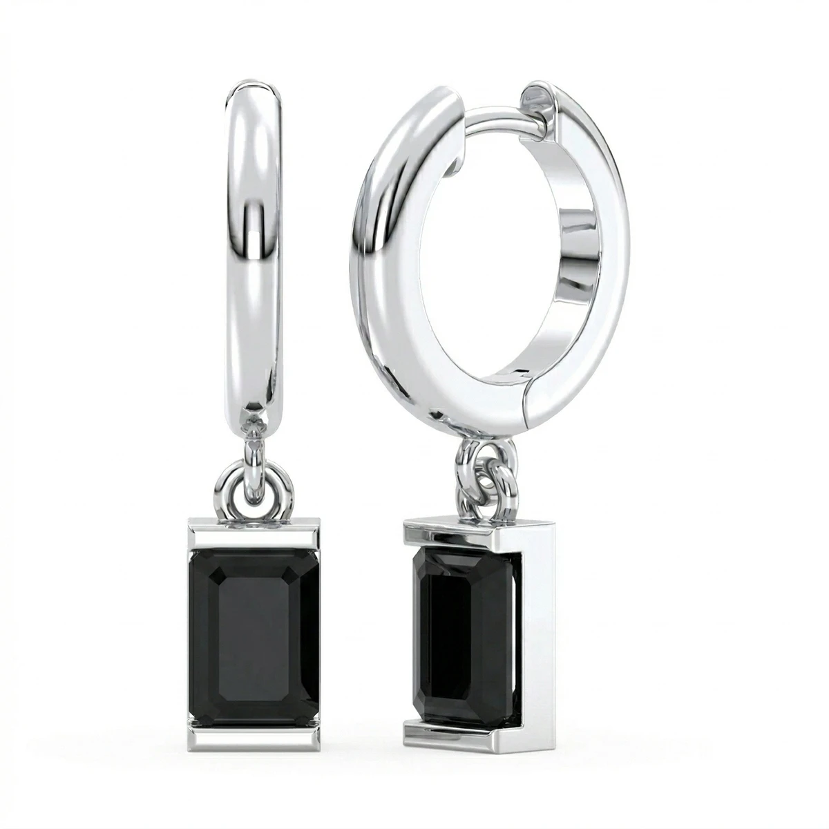 Black Onyx Baguette Drop Hoop Earrings