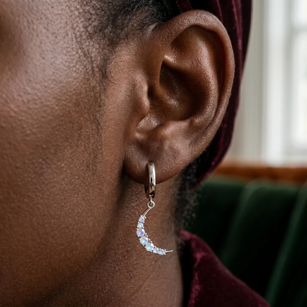 Rainbow Moonstone Crescent Drop Hoop Earrings