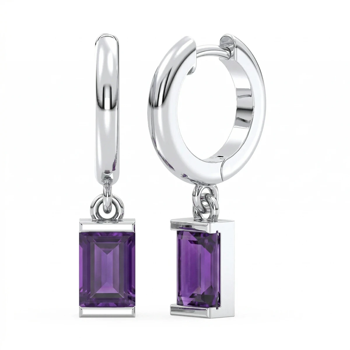 Amethyst Baguette Drop Hoop Earrings