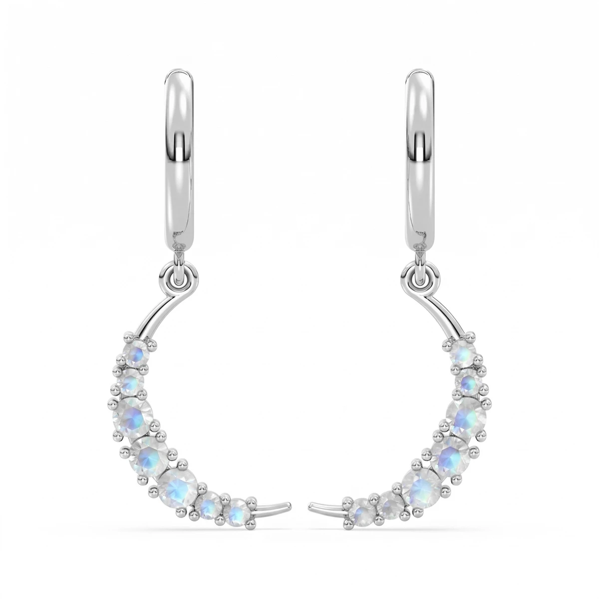 Rainbow Moonstone Crescent Drop Hoop Earrings