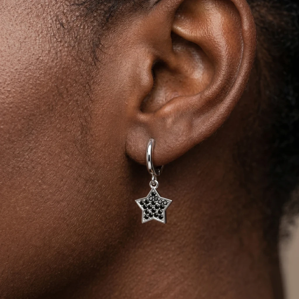 Black Onyx Star Hoop Earrings