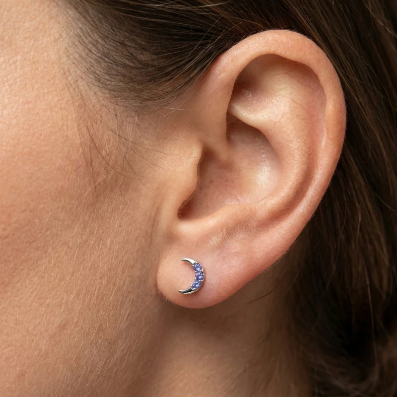 Tanzanite pave crescent stud earrings