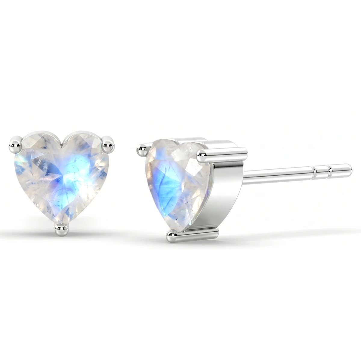 Cute Rainbow Moonstone Solitaire Heart Stud Earrings