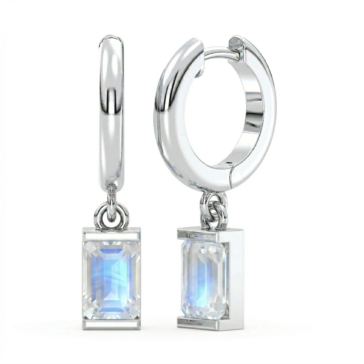 Rainbow Moonstone Baguette Drop Hoop Earrings