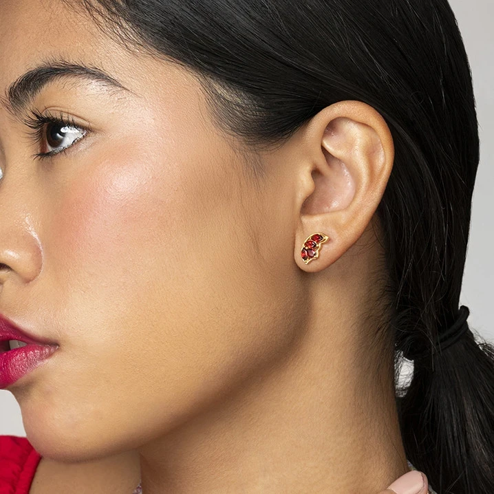 18K Gold Plated Garnet feather stud earrings